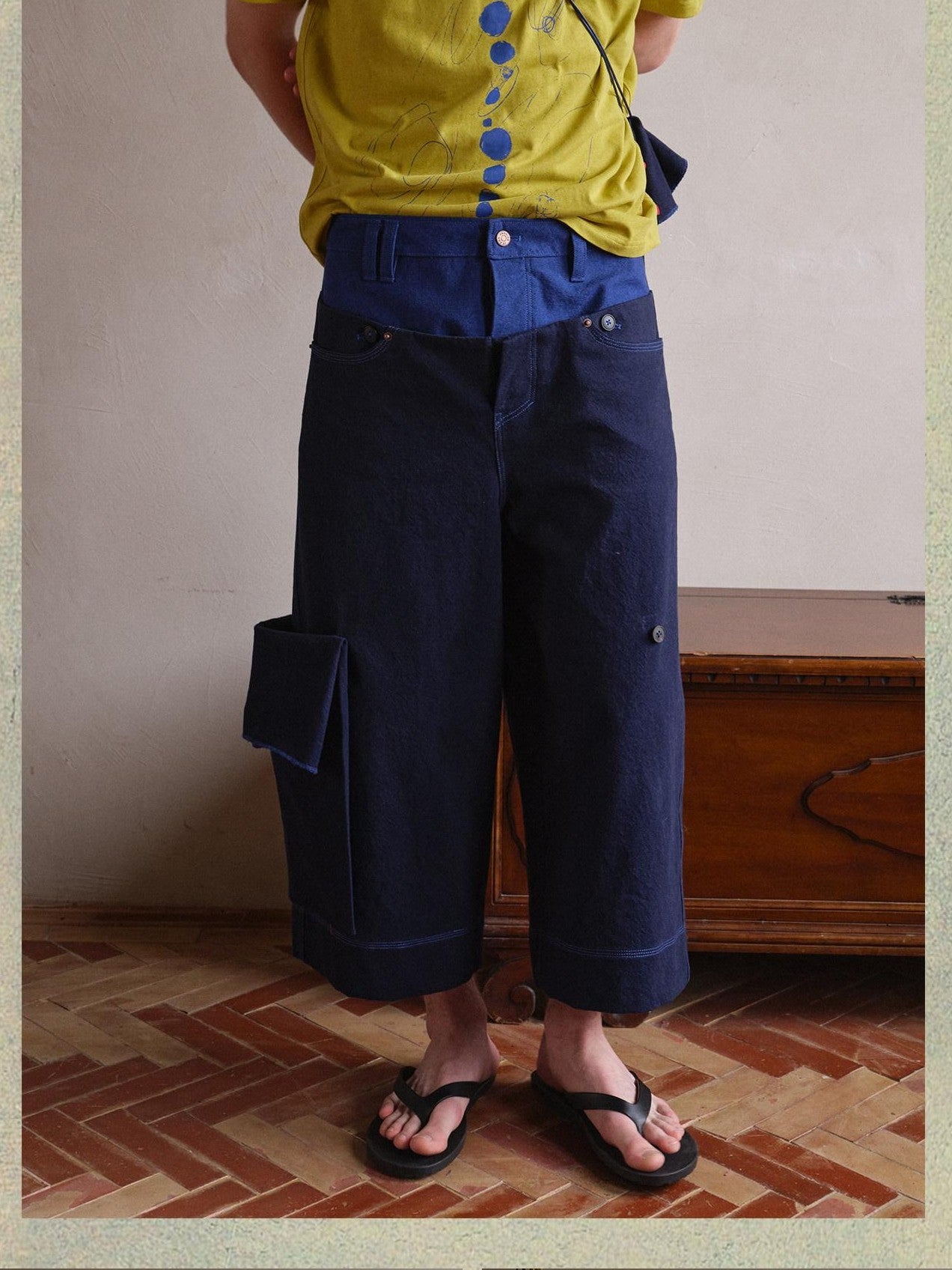soknot Wide Leg Detachable Large Pocket Cropped Men's Denim Relaxed Jeans