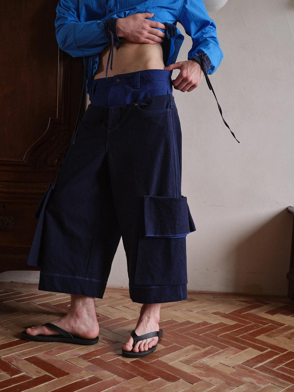 soknot Wide Leg Detachable Large Pocket Cropped Men's Denim Relaxed Jeans
