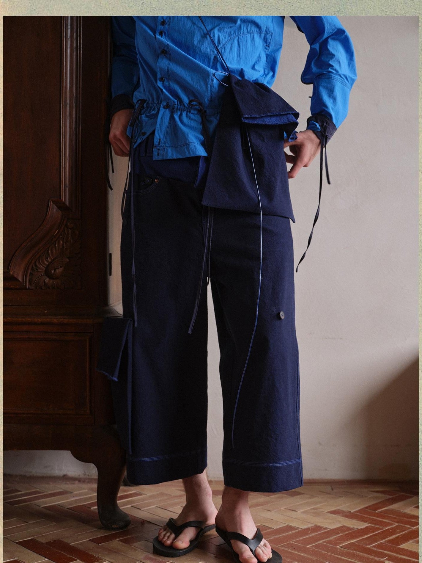 soknot Wide Leg Detachable Large Pocket Cropped Men's Denim Relaxed Jeans