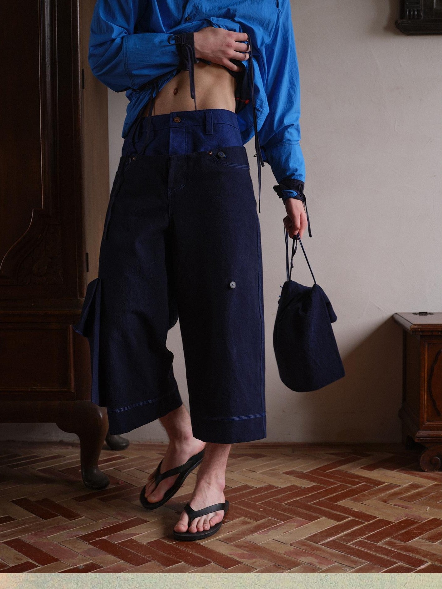 soknot Wide Leg Detachable Large Pocket Cropped Men's Denim Relaxed Jeans
