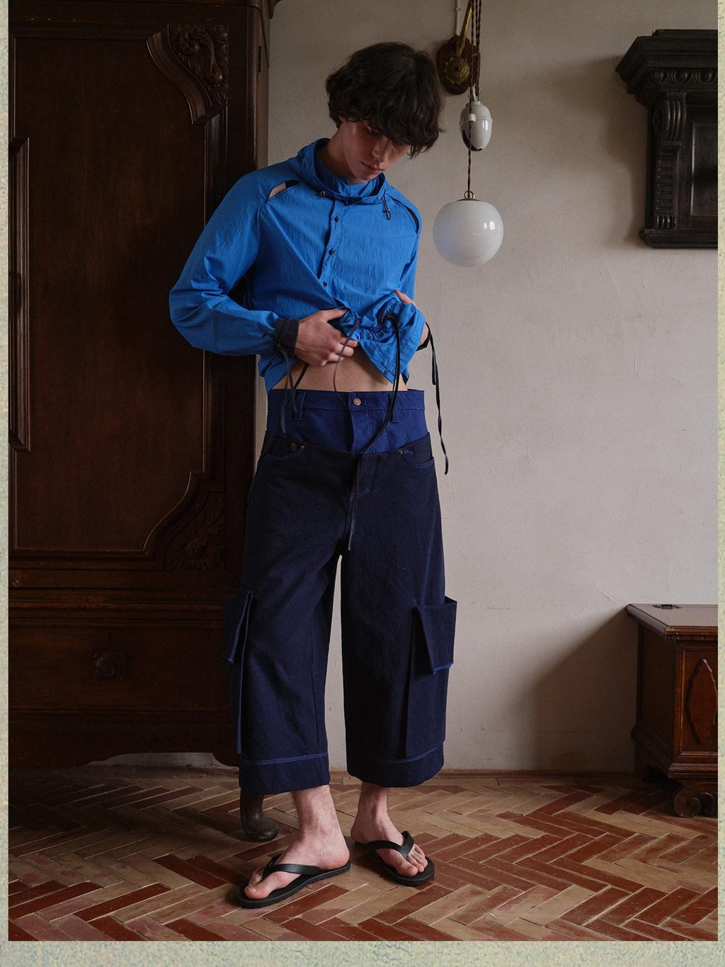 soknot Wide Leg Detachable Large Pocket Cropped Men's Denim Relaxed Jeans