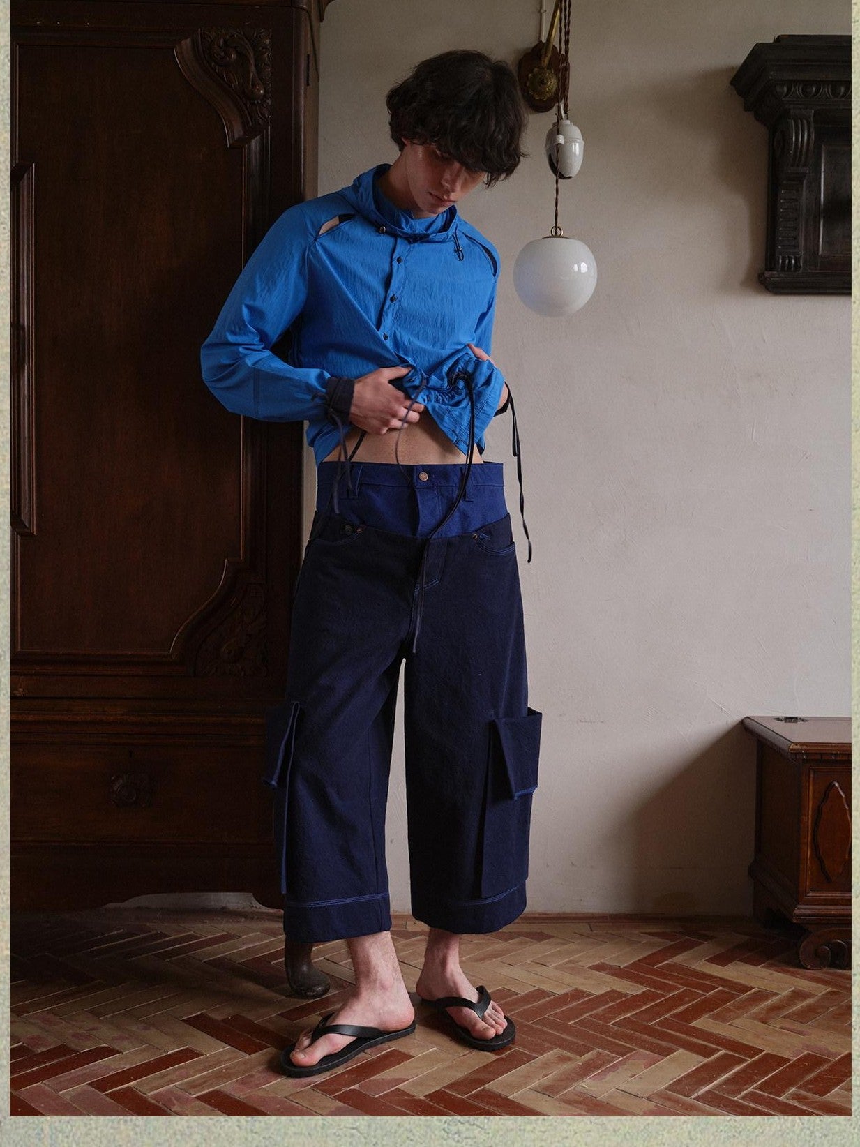 soknot Wide Leg Detachable Large Pocket Cropped Men's Denim Relaxed Jeans