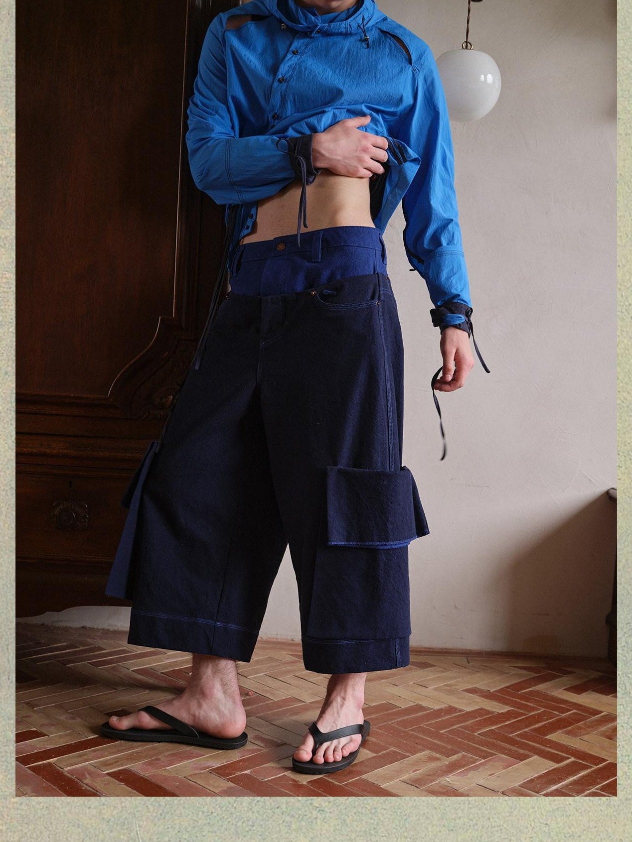 soknot Wide Leg Detachable Large Pocket Cropped Men's Denim Relaxed Jeans