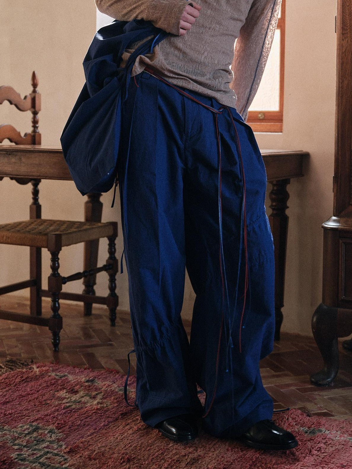 soknot Yarn Dyed Blue Irregular Workwear Men's Cotton Wide-leg Pants