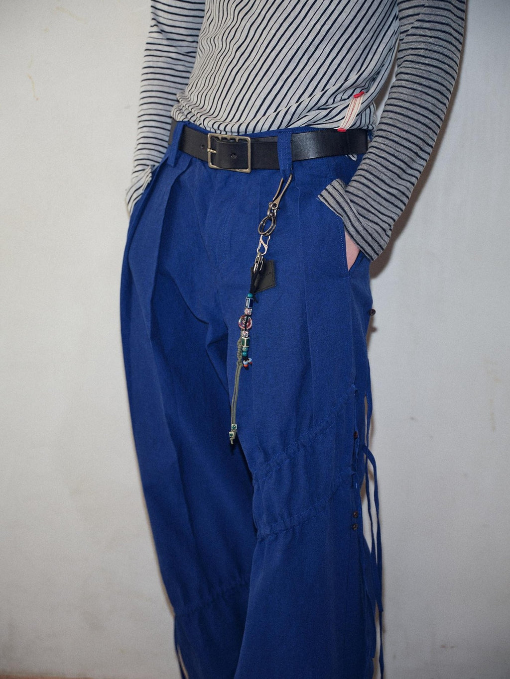 soknot Yarn Dyed Blue Irregular Workwear Men's Cotton Wide-leg Pants