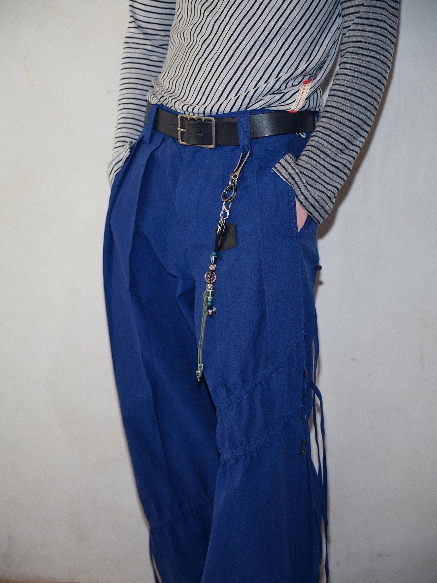 soknot Yarn Dyed Blue Irregular Workwear Men's Cotton Wide-leg Pants