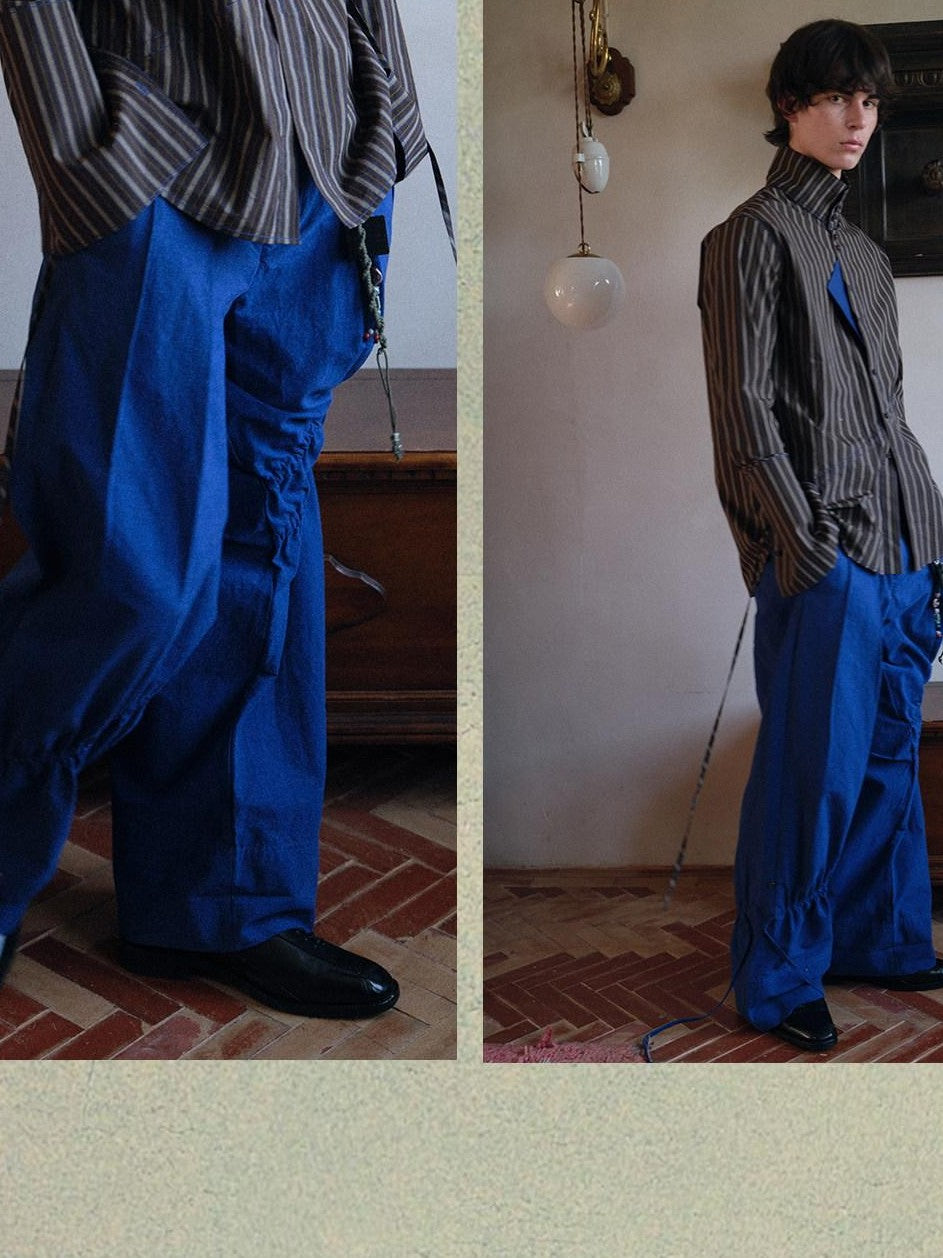soknot Yarn Dyed Blue Irregular Workwear Men's Cotton Wide-leg Pants