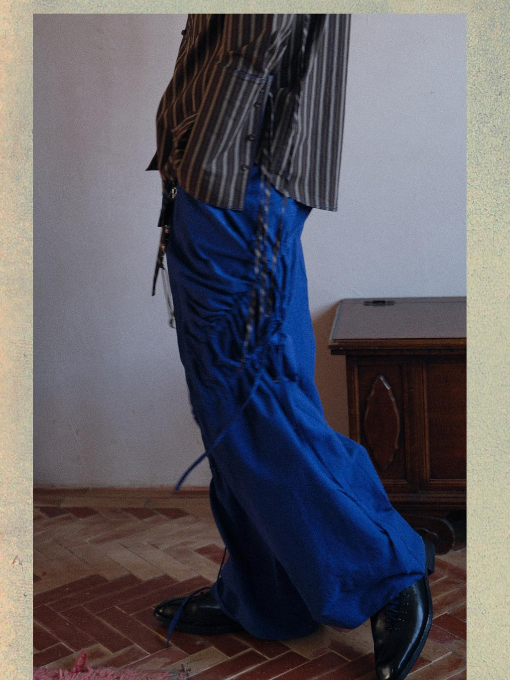 soknot Yarn Dyed Blue Irregular Workwear Men's Cotton Wide-leg Pants