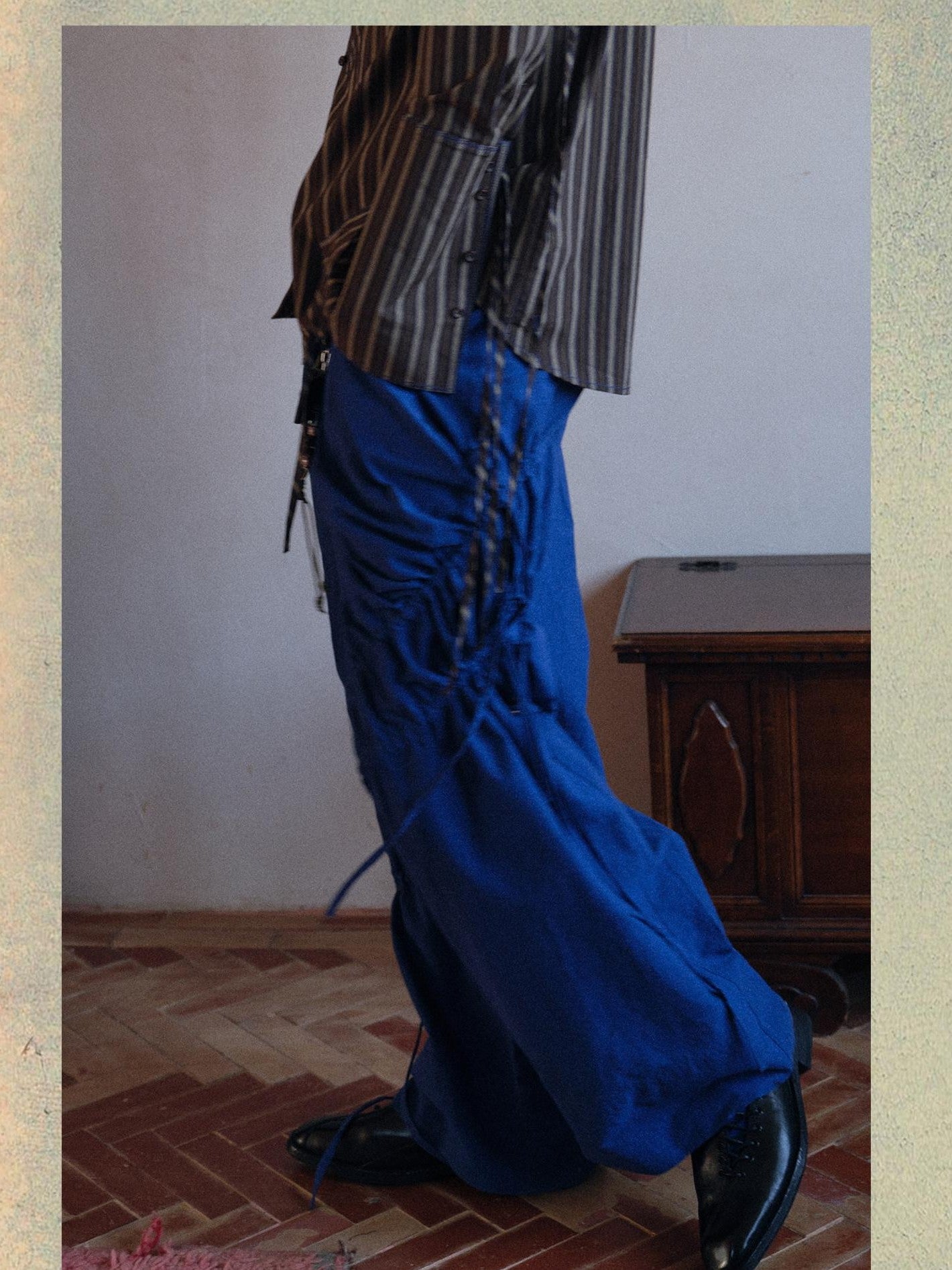 soknot Yarn Dyed Blue Irregular Workwear Men's Cotton Wide-leg Pants