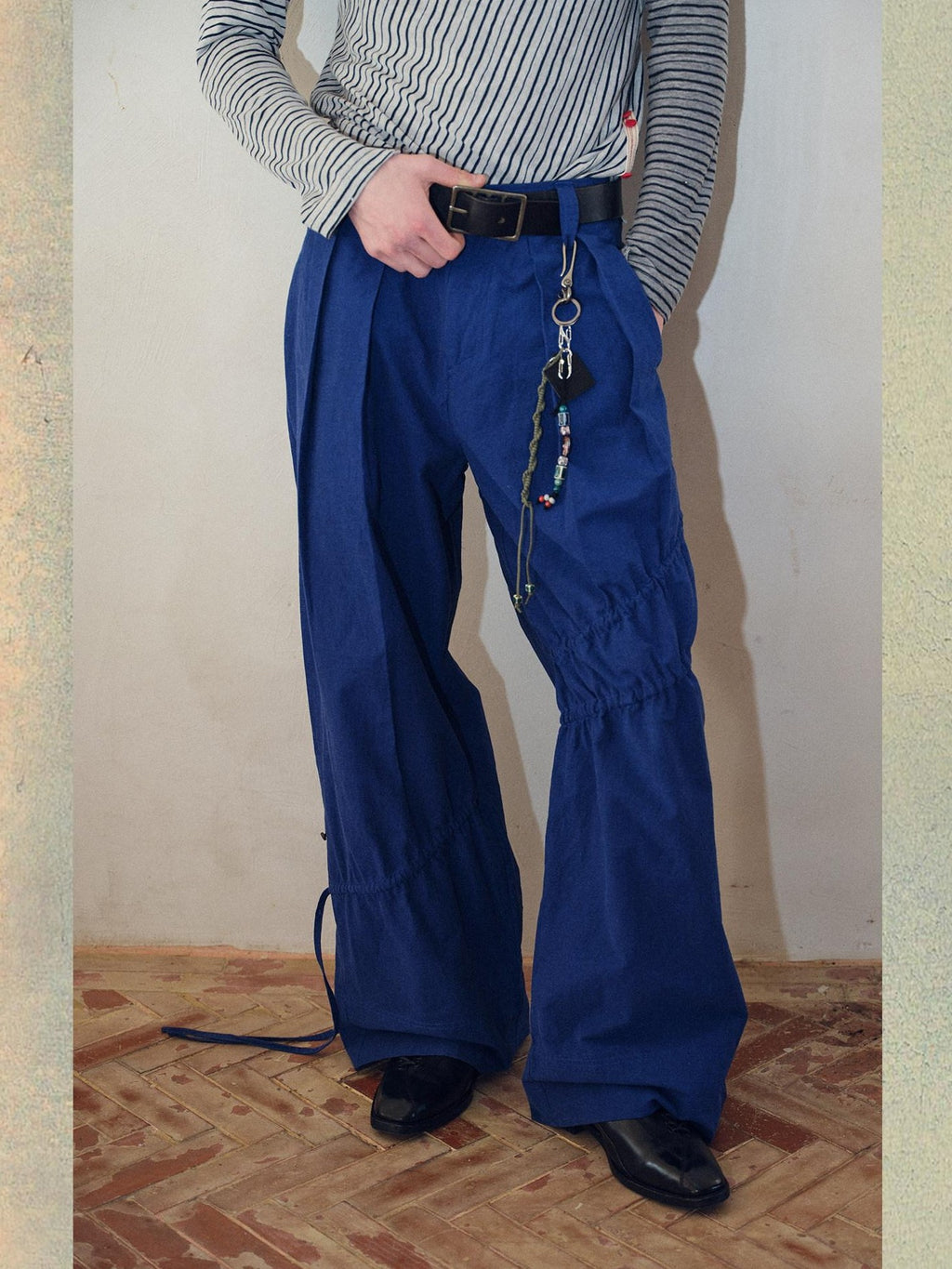 soknot Yarn Dyed Blue Irregular Workwear Men's Cotton Wide-leg Pants