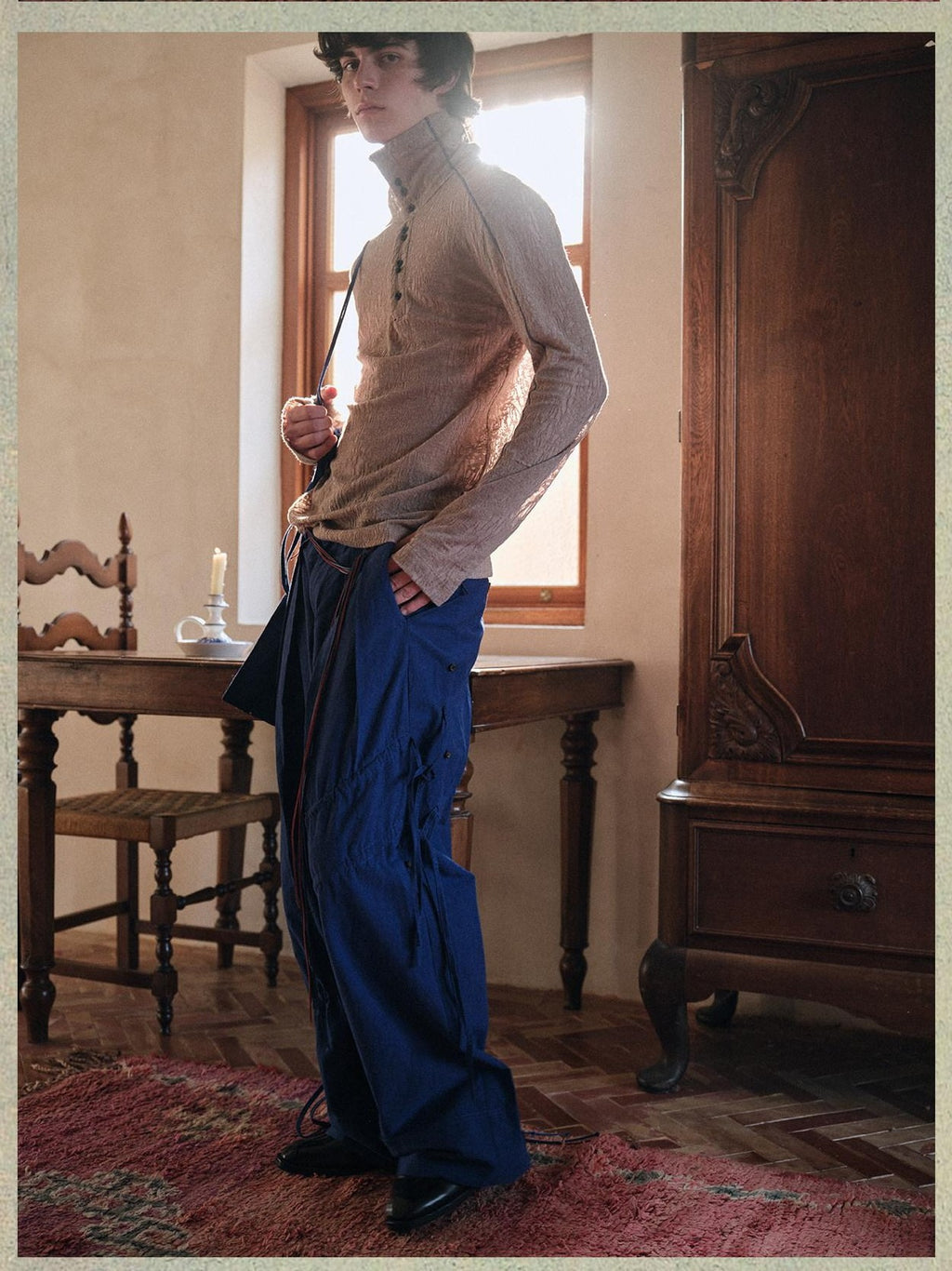 soknot Yarn Dyed Blue Irregular Workwear Men's Cotton Wide-leg Pants