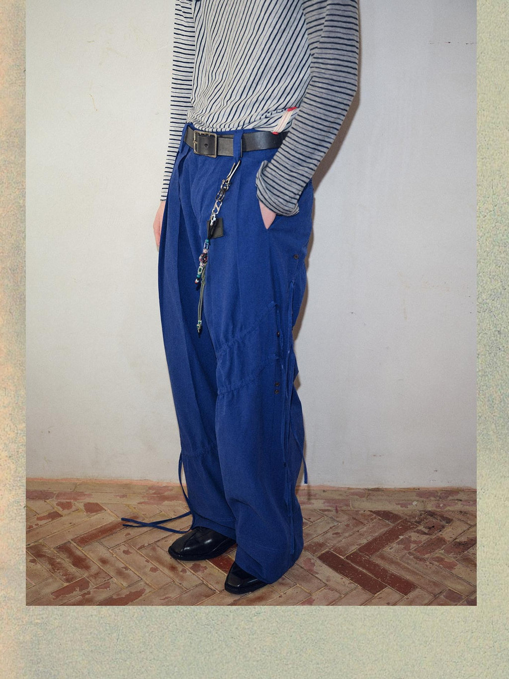 soknot Yarn Dyed Blue Irregular Workwear Men's Cotton Wide-leg Pants