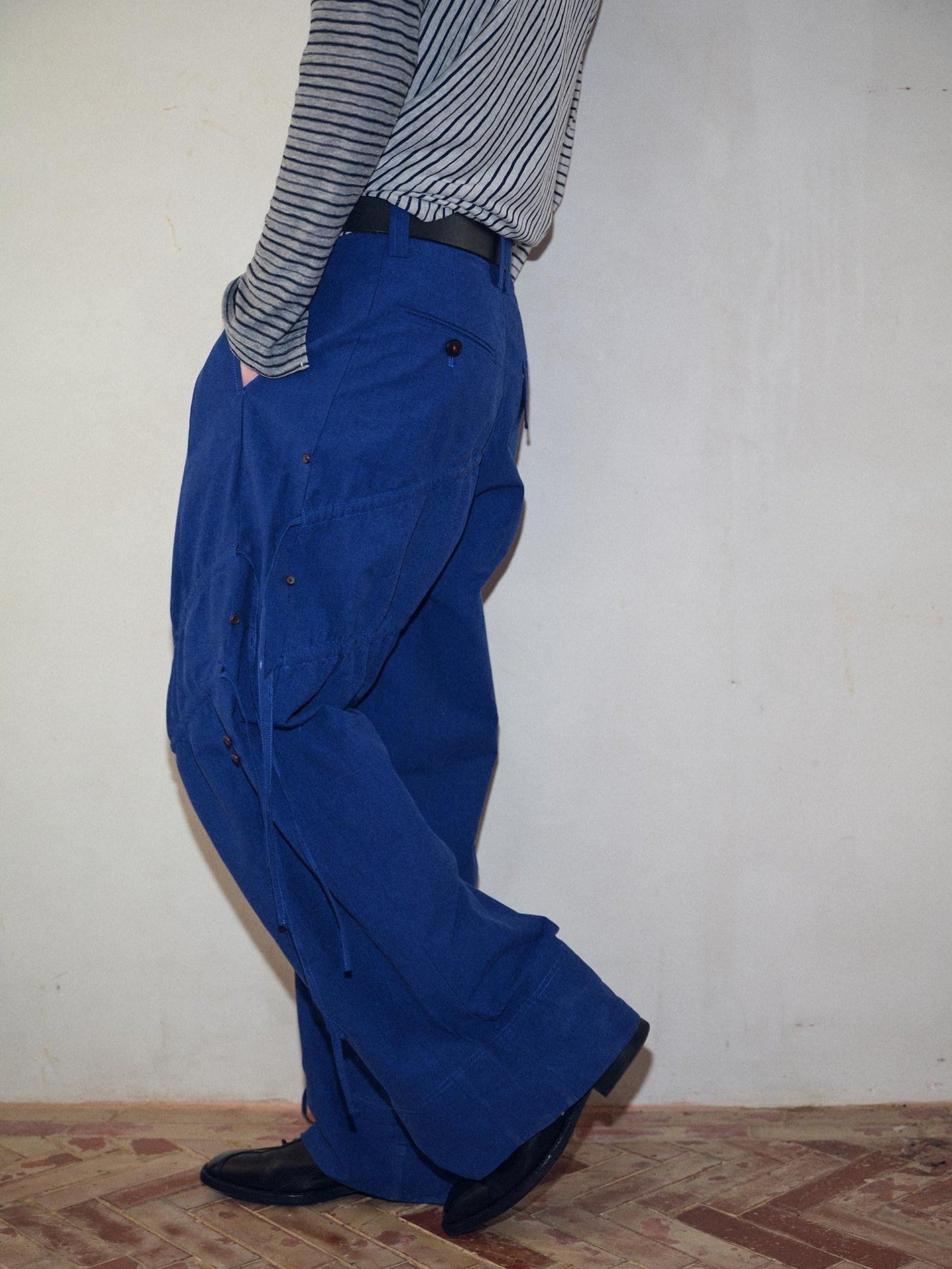 soknot Yarn Dyed Blue Irregular Workwear Men's Cotton Wide-leg Pants