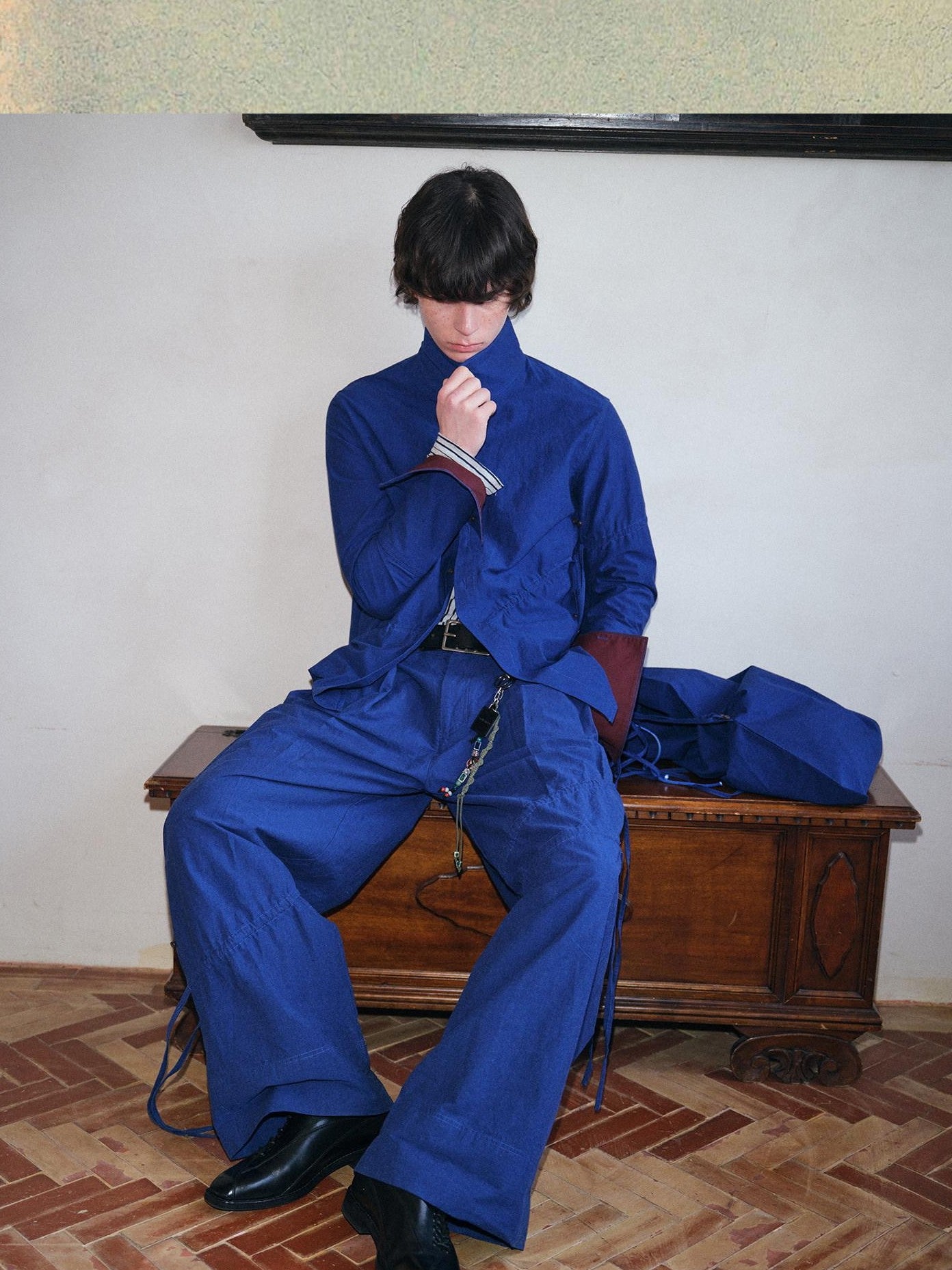 soknot Yarn Dyed Blue Irregular Workwear Men's Cotton Wide-leg Pants