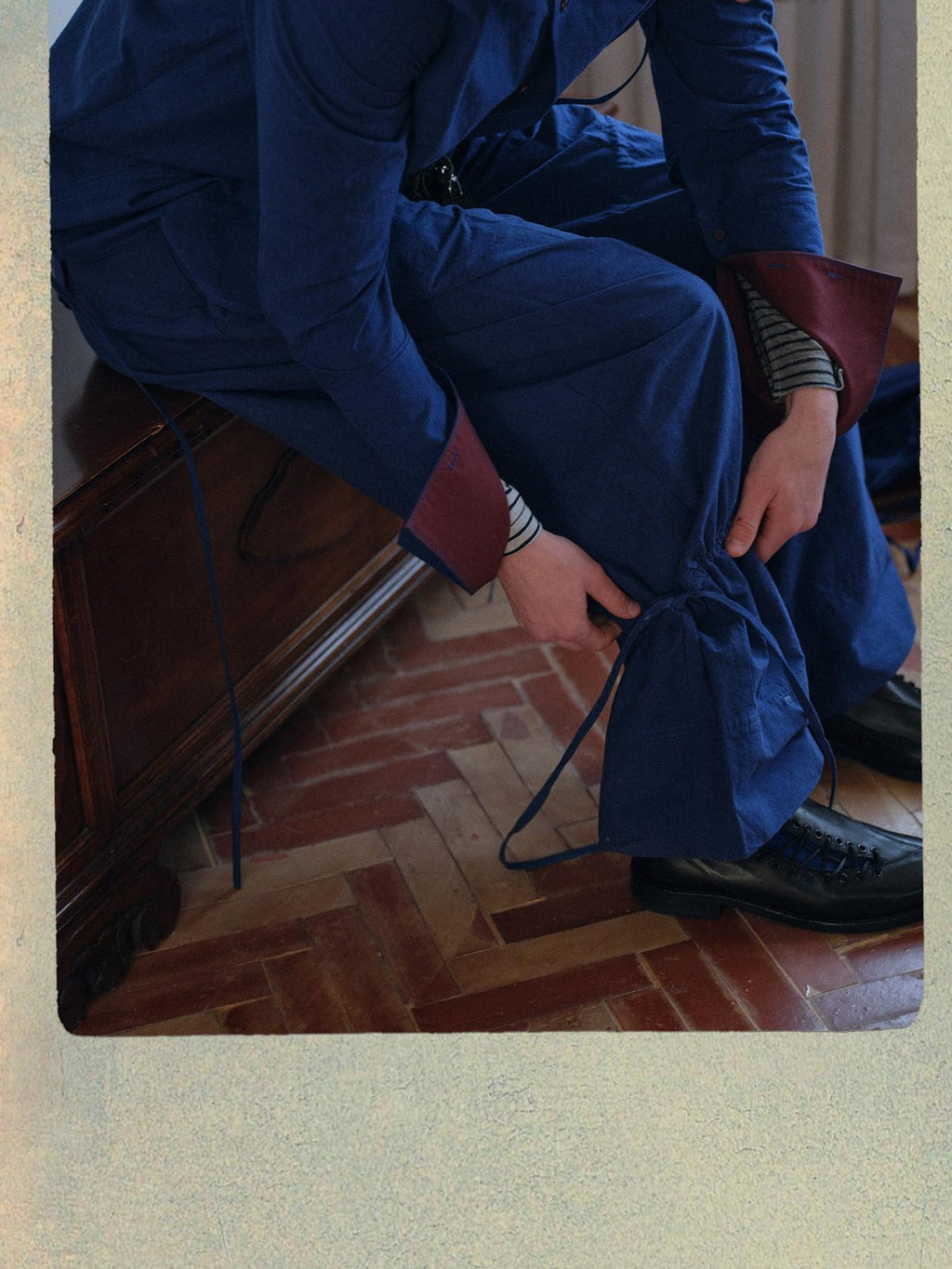 soknot Yarn Dyed Blue Irregular Workwear Men's Cotton Wide-leg Pants