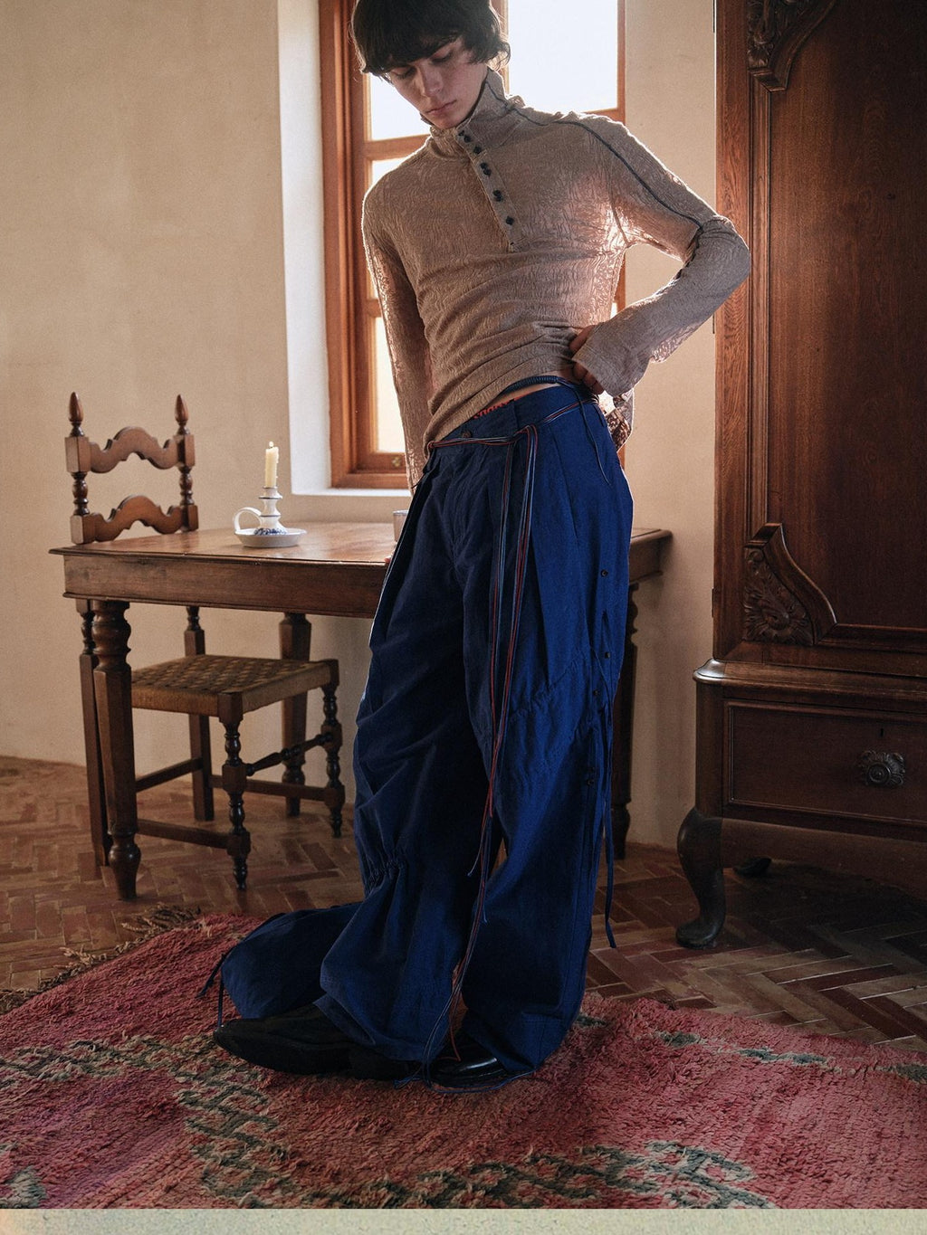 soknot Yarn Dyed Blue Irregular Workwear Men's Cotton Wide-leg Pants