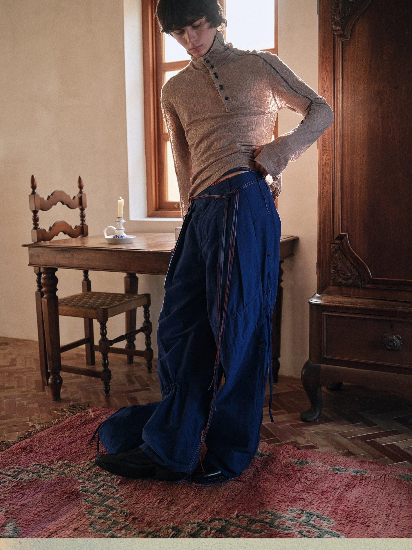 soknot Yarn Dyed Blue Irregular Workwear Men's Cotton Wide-leg Pants