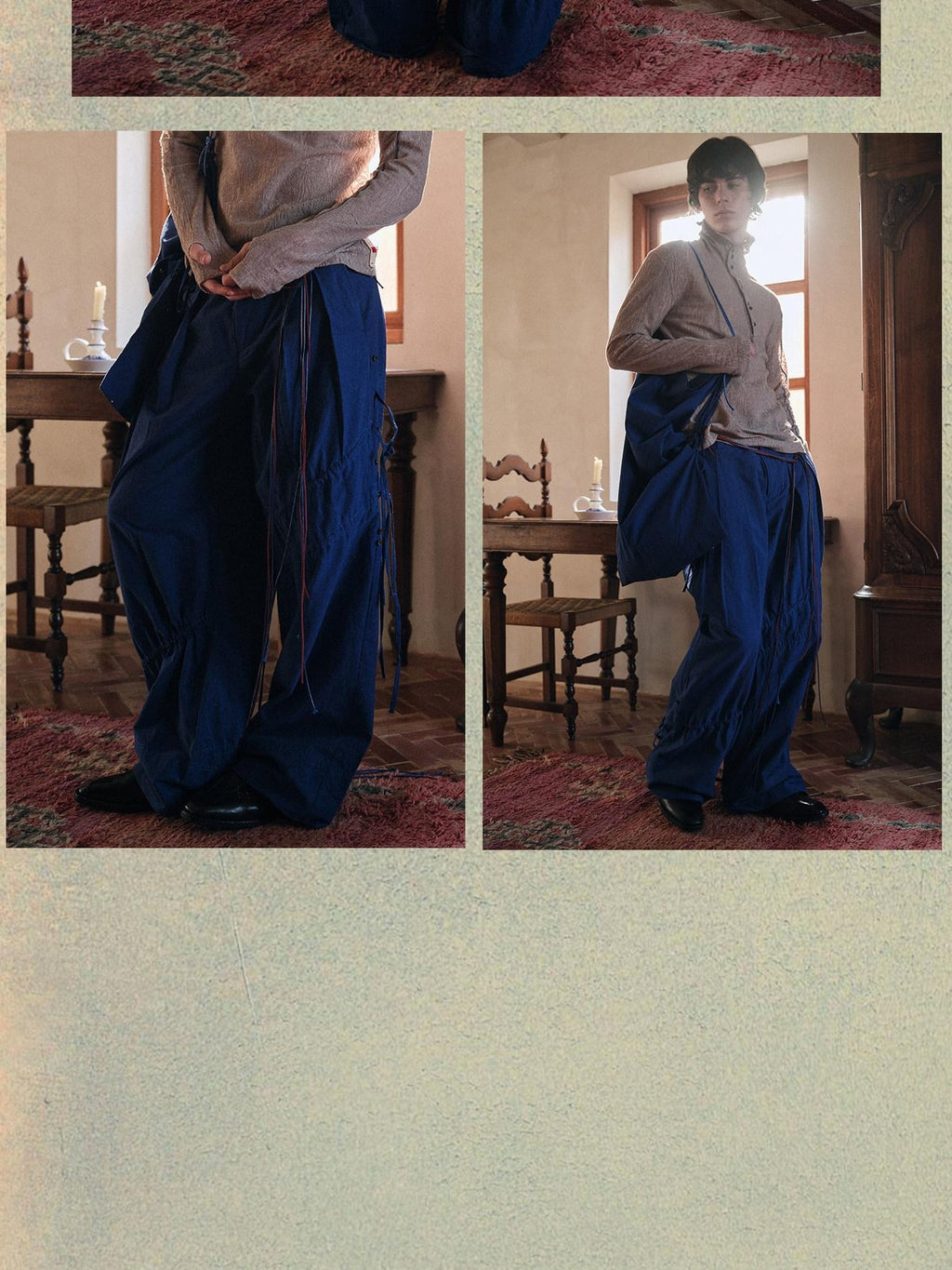soknot Yarn Dyed Blue Irregular Workwear Men's Cotton Wide-leg Pants