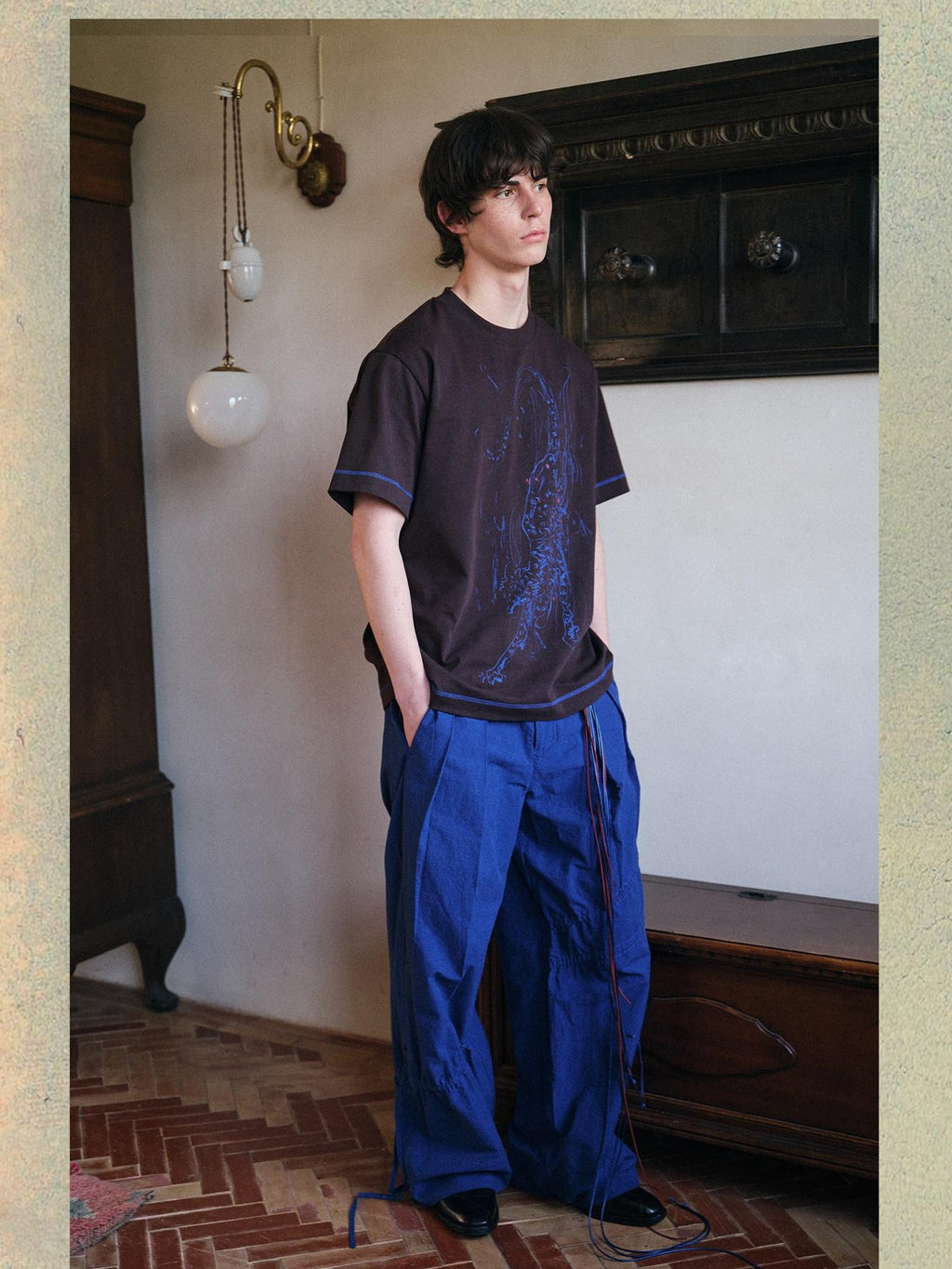 soknot Yarn Dyed Blue Irregular Workwear Men's Cotton Wide-leg Pants