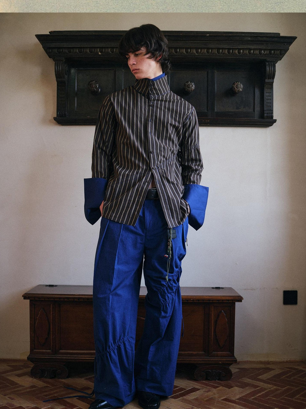 soknot Yarn Dyed Blue Irregular Workwear Men's Cotton Wide-leg Pants