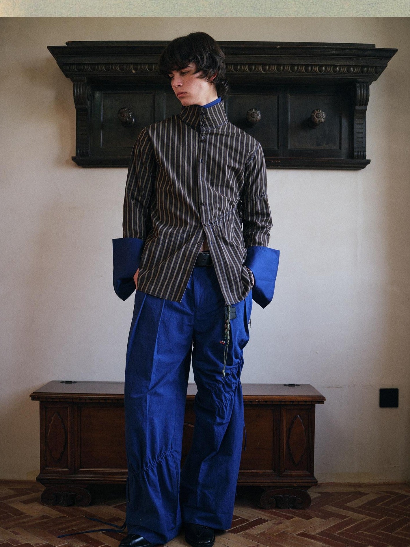 soknot Yarn Dyed Blue Irregular Workwear Men's Cotton Wide-leg Pants