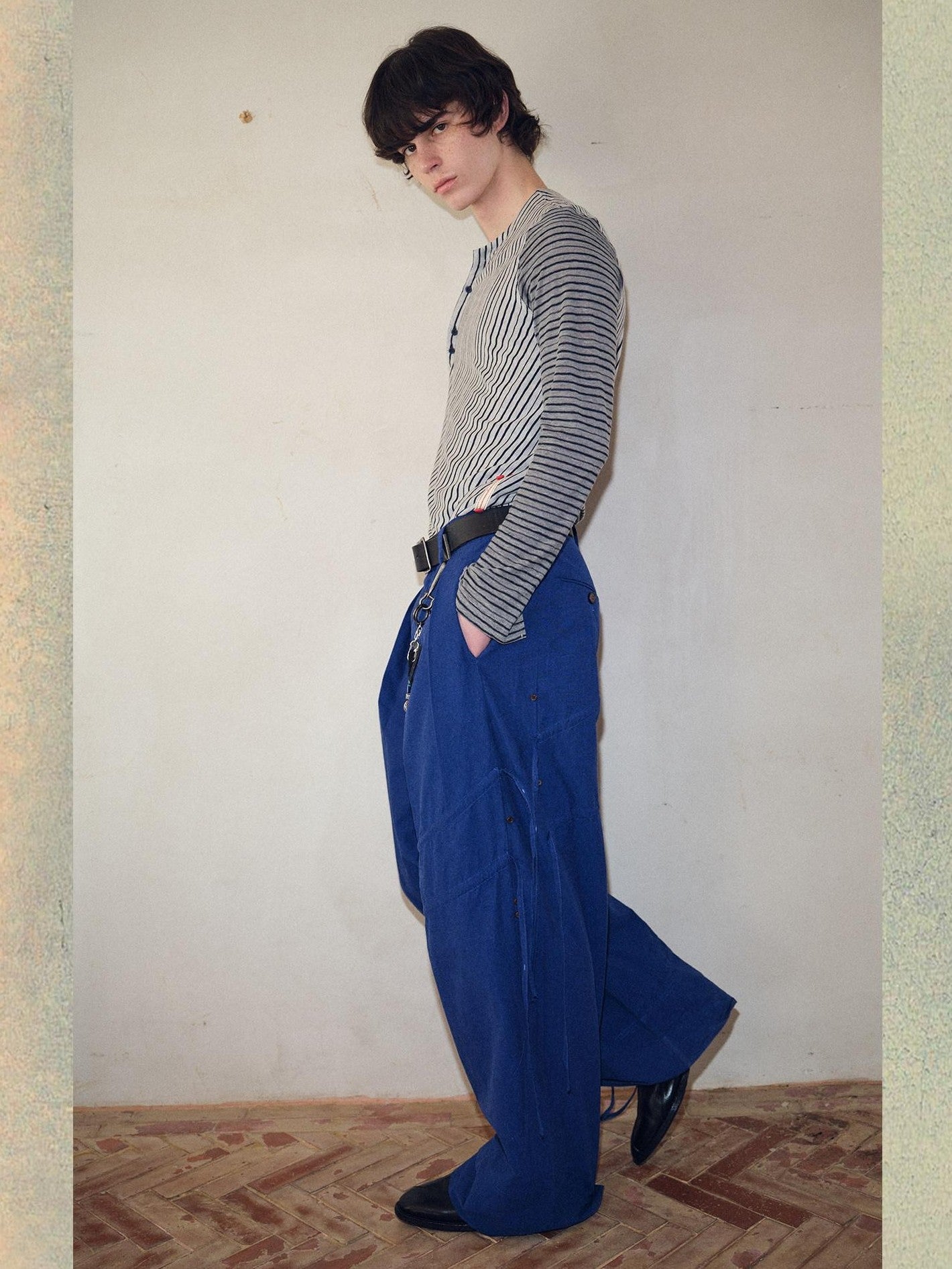 soknot Yarn Dyed Blue Irregular Workwear Men's Cotton Wide-leg Pants