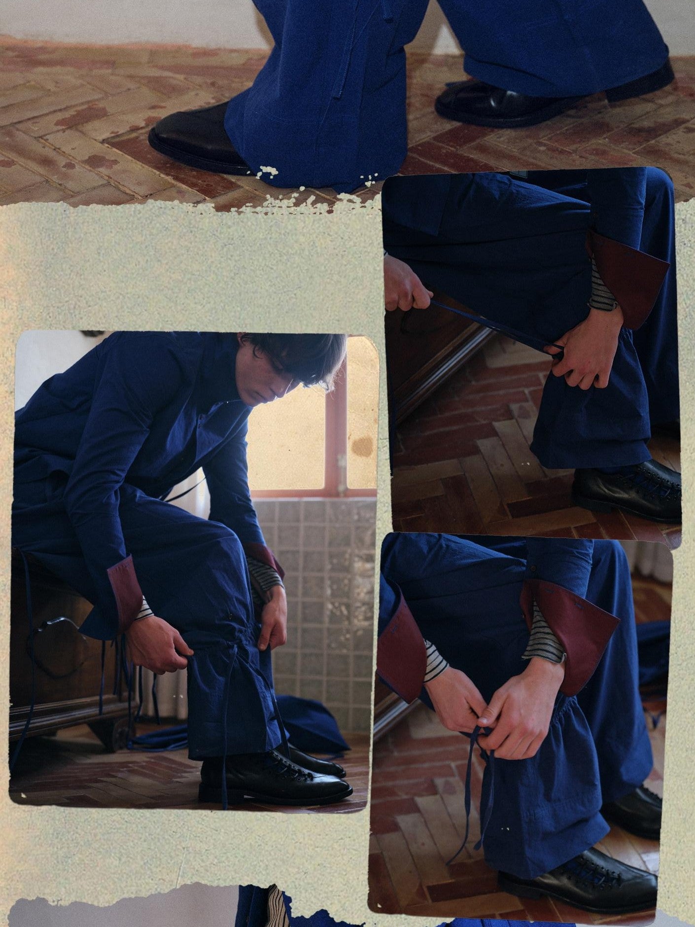 soknot Yarn Dyed Blue Irregular Workwear Men's Cotton Wide-leg Pants