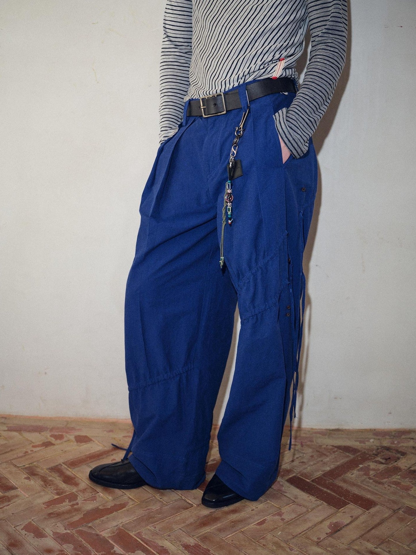 soknot Yarn Dyed Blue Irregular Workwear Men's Cotton Wide-leg Pants