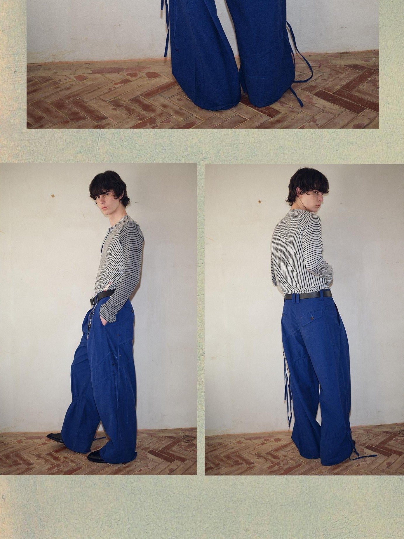 soknot Yarn Dyed Blue Irregular Workwear Men's Cotton Wide-leg Pants
